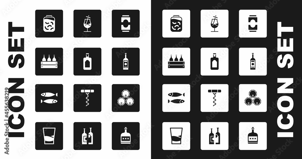 Set Beer can, Whiskey bottle, Bottles of wine in wooden box, Pickled cucumbers jar, Glass vodka, Cocktail, Wooden barrels and Dried fish icon. Vector Set Beer can, Whiskey bottle, Bottles of wine in wooden box, Pickled cucumbers jar, Glass vodka, Cocktail, Wooden barrels and Dried fish icon. Vector