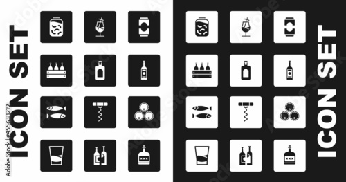 Set Beer can, Whiskey bottle, Bottles of wine in wooden box, Pickled cucumbers jar, Glass vodka, Cocktail, Wooden barrels and Dried fish icon. Vector