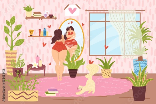 Body positive woman person, vector illustration, flat girl character stand near mirror, look at reflection beauty, room interior concept.