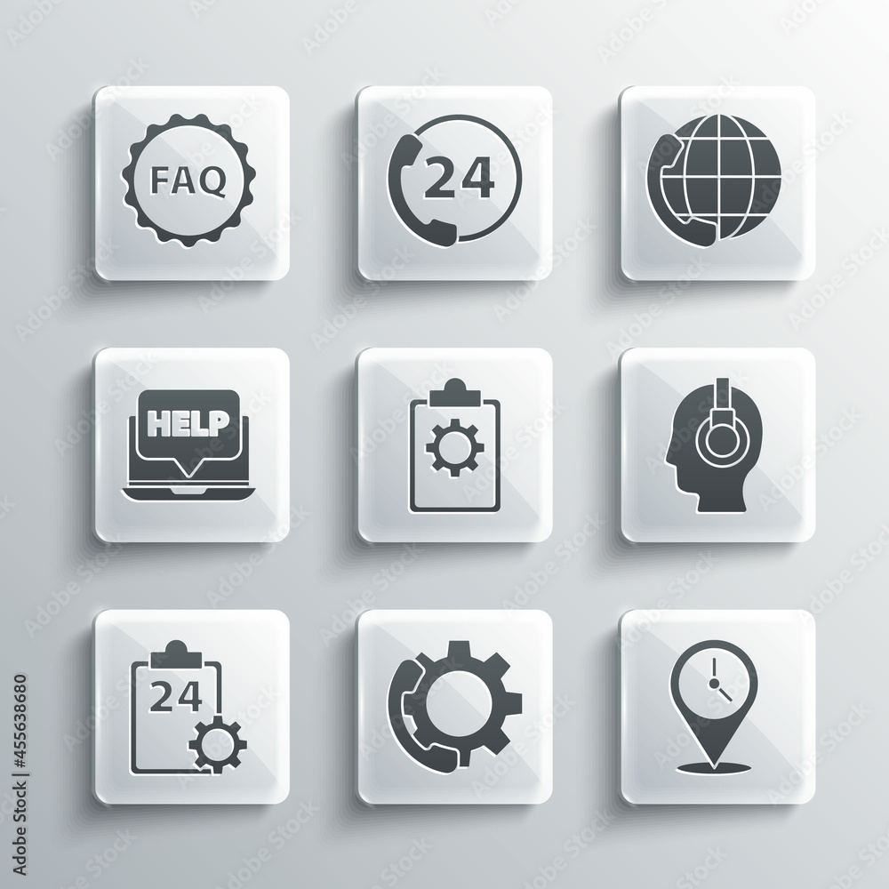 Set Telephone 24 hours support, Location with clock, Support operator in touch, Checklist service, Laptop and help, Label text FAQ and icon. Vector Set Telephone 24 hours support, Location with clock, Support operator in touch, Checklist service, Laptop and help, Label text FAQ and icon. Vector