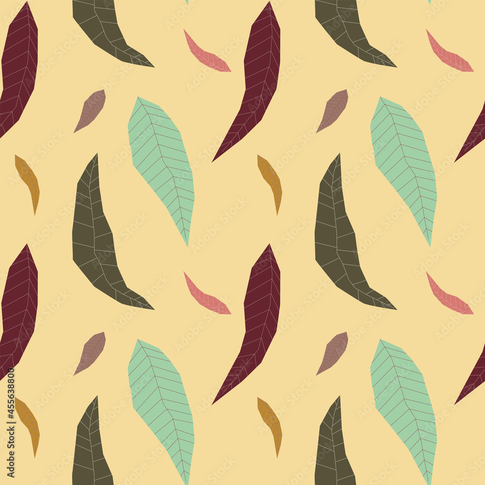 Seamless pattern with abstract geometric leaves. Design in boho style . Endless texture for fabric, textile, wallpaper, fall cards etc. Vector illustration isolated on yellow background