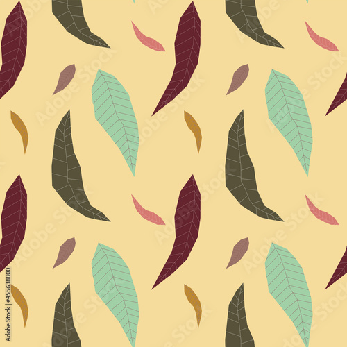 Seamless pattern with abstract geometric leaves. Design in boho style . Endless texture for fabric  textile  wallpaper  fall cards etc. Vector illustration isolated on yellow background