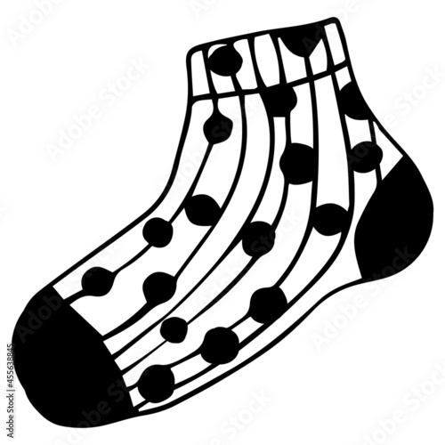 One cute cotton sock with a striped pattern, doodle. Winter and autumn shoes. Vector illustration of a flat design, black outline.