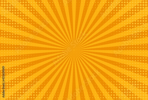 Pop art background. Comic pattern with halftone and starburst. Orange cartoon retro sunburst texture. Vintage gradient banner. Funny superhero print. Duotone effect with dots. Vector illustration.