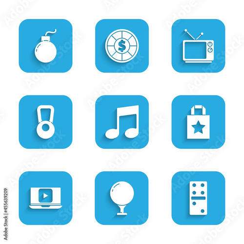Set Music note, tone, Golf ball tee, Domino, Paper shopping bag, Online play video, Kettlebell, Retro tv and Bomb ready explode icon. Vector