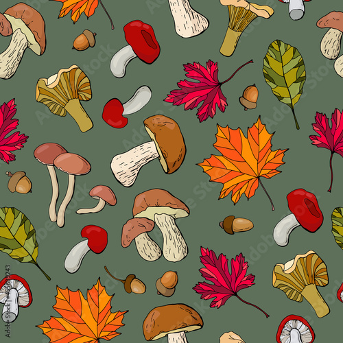 Autumn seamless pattern with mushrooms, acorns, chestnuts and leaves. Design for fabric, textile, wallpaper, packaging. 