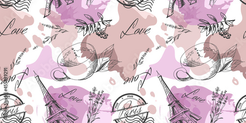 Seamless pattern with the symbols of France. Eiffel tower, coffee, lavender, love, print paris