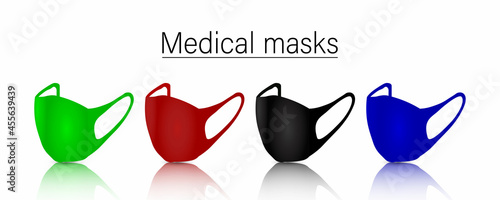  Medical masks front to protect people from viruses. Masks for protection against coronavirus,infections,bacteria and contaminated air. Set of multicolored masks. Vector