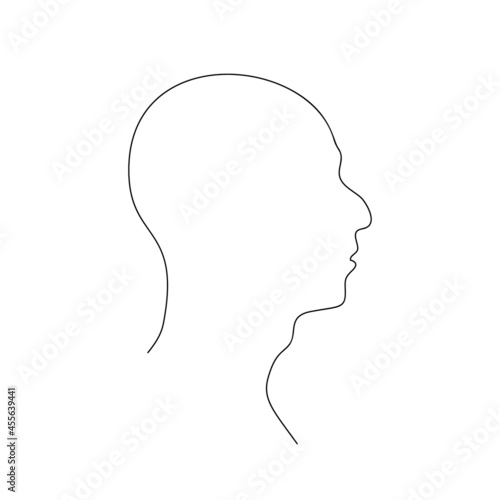 Man head in profile with humped nose and Adam's apple on neck continuous one line drawing, Vector graphics minimalist linear illustration made of single line