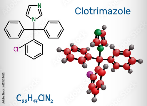 Clotrimazole drug molecule. It is imidazole antimycotic, antifungal agent. Used in treatment of skin, oral, vaginal candida infections. Structural chemical formula, molecule model