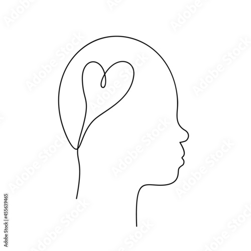 Heart in human head, Asian non-binary face in profile with snub nose continuous one line drawing, Vector graphics minimalist linear illustration made of single line