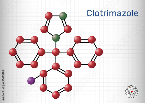 Clotrimazole drug molecule. It is imidazole antimycotic, antifungal agent. Used in treatment of skin, oral, vaginal candida infections. Sheet of paper in a cage. Vector illustration