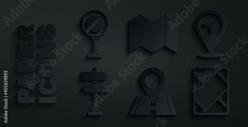 Set Location, Road traffic sign, Gps device with map, Folded and Stop icon. Vector