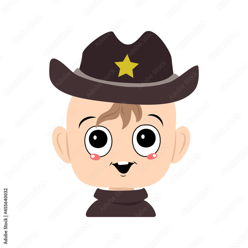 Avatar of a child with big eyes and a wide smile in a sheriff hat with a yellow star. Cute kid with a joyful face in a carnival costume. Head of adorable baby with happy emotions