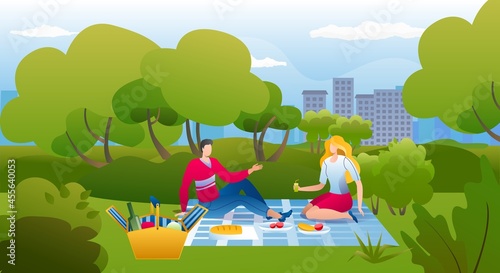Picnic in park, vector illustration, happy young couple man woman character e...