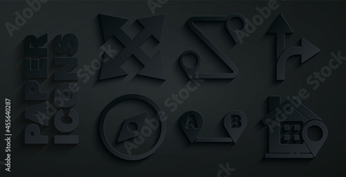 Set Route location, Road traffic sign, Compass, Location with house, and icon. Vector