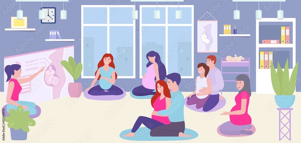Pregnancy course, vector illustration, pregnant woman character training together at room, partnerhood lesson about flat embrion baby. Pregnancy course, vector illustration, pregnant woman character training together at room, partnerhood lesson about flat embrion baby.