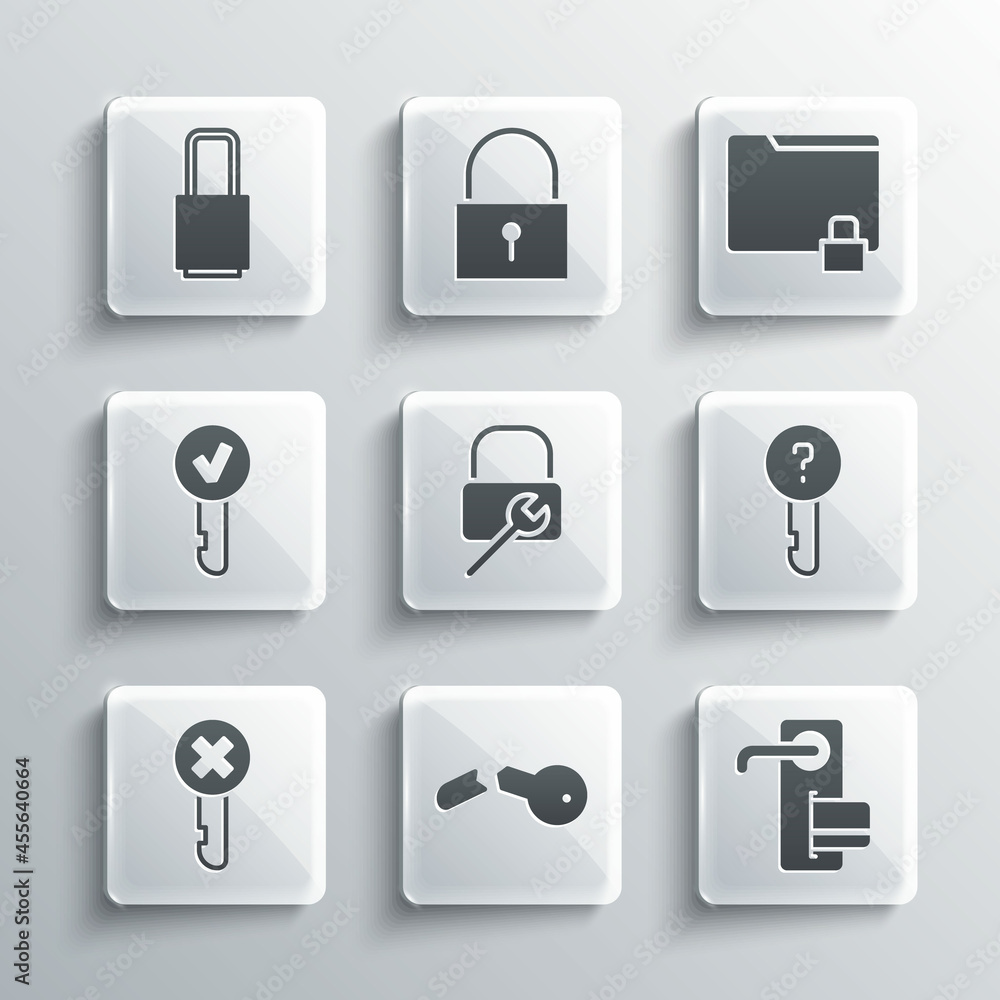 Set Broken key, Digital door lock, Undefined, Lock repair, Wrong, Key, and Folder and icon. Vector Set Broken key, Digital door lock, Undefined, Lock repair, Wrong, Key, and Folder and icon. Vector