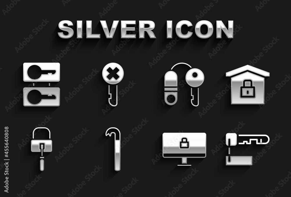 Set Crowbar, House under protection, Marked key, Lock computer monitor, picks for lock picking, with, Casting keys and Wrong icon. Vector Set Crowbar, House under protection, Marked key, Lock computer monitor, picks for lock picking, with, Casting keys and Wrong icon. Vector