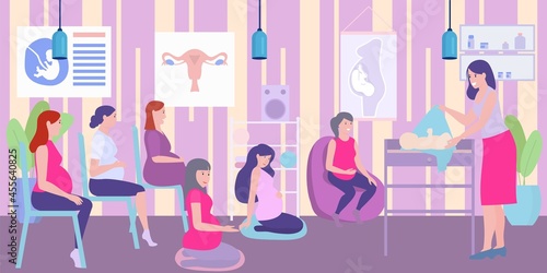Pregnancy course about partnerhood, maternity concept, vector illustration, pregnant flat woman people character training in class.