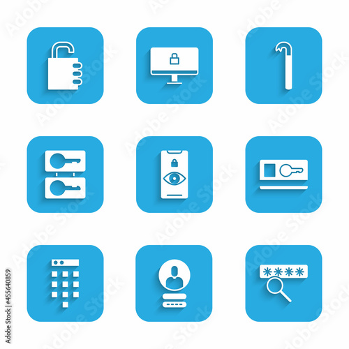 Set Eye scan, Create account screen, Password protection, Key card, Casting keys, Crowbar and Safe combination lock icon. Vector
