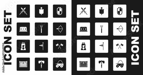 Set Shield, Garden pitchfork, King crown, Crossed medieval sword, Medieval bow and arrow, flag, and Princess icon. Vector