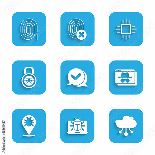 Set Check mark in speech bubble, System bug on monitor, Internet of things, Browser incognito window, Safe combination lock, Processor with microcircuits CPU and Fingerprint icon. Vector