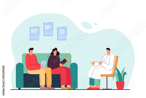 Cartoon married couple communicating with doctor. Flat vector illustration. Man and woman sitting on sofa in doctor office consulting with medical professional. Medicine, meeting, help concept