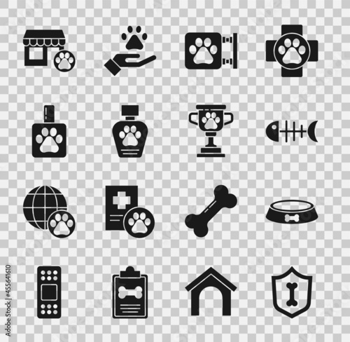 Set Animal health insurance, Pet food bowl, Fish skeleton, Veterinary clinic, shampoo, hospital and award icon. Vector