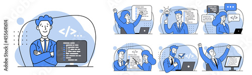 Concept of script coding, programming. JavaScript, PHP, Python, HTML, other languages. Programmer working on web development on laptop. Software developers. Set of Flat vector cartoon illustrations