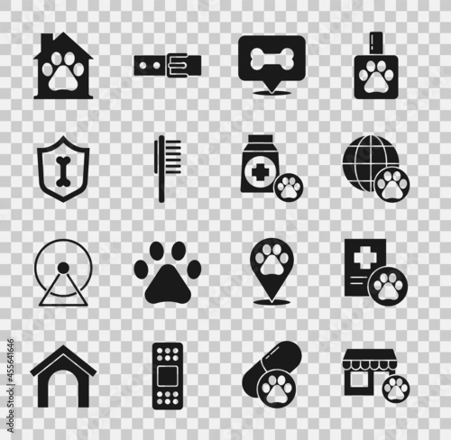Set Veterinary hospital, Clinical record pet, World, Dog bone, Pets vial medical, Animal health insurance, house and Bag of food icon. Vector