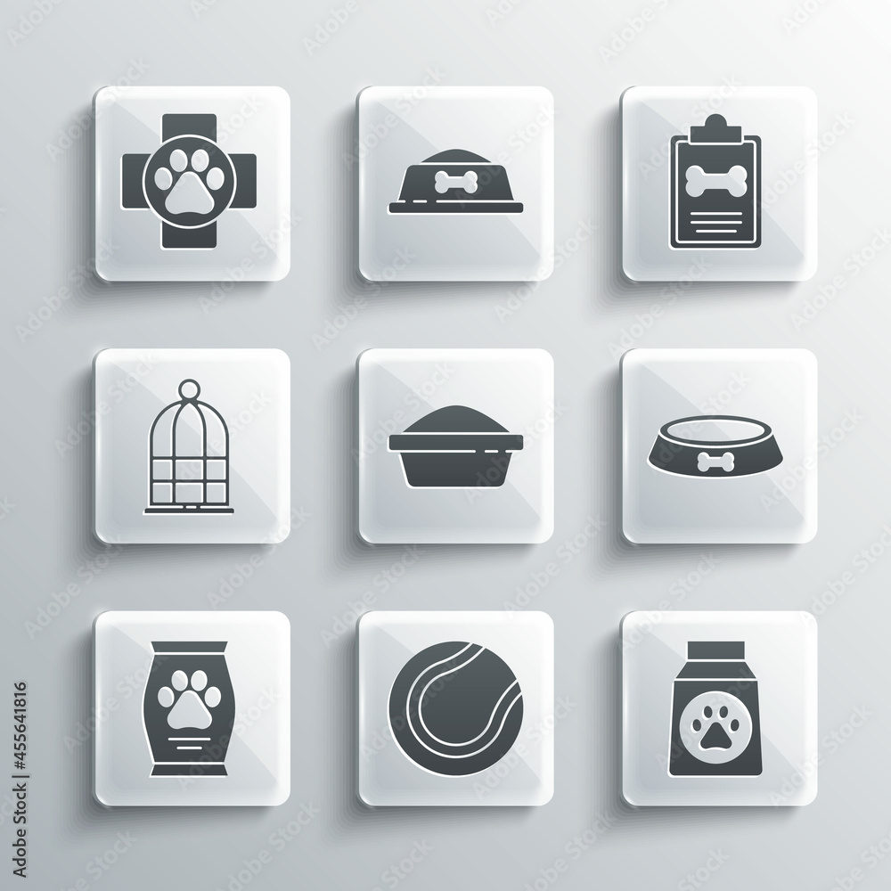 Set Tennis ball, Bag of food, Pet bowl, Cage for birds, Veterinary clinic and Clinical record pet icon. Vector Set Tennis ball, Bag of food, Pet bowl, Cage for birds, Veterinary clinic and Clinical record pet icon. Vector
