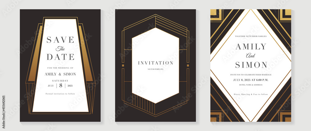 Fototapeta premium Art deco wedding invitation card vector. Luxury classic antique cards design for VIP invite, Gatsby invitation gold, Fancy party event, Save the date card and Thank you card. Vector illustration.