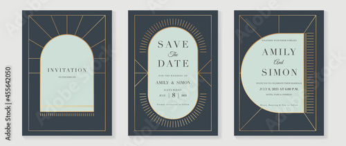 Art deco wedding invitation card vector. Luxury classic antique cards design for VIP invite, Gatsby invitation gold, Fancy party event, Save the date card and Thank you card. Vector illustration.