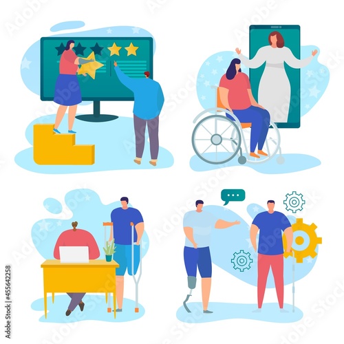 Service for disabled people set, vector illustration, isolated on white man character use social support near person worker, online doctor help
