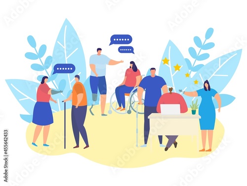 Disabled people community service, vector illustration, flat people character help each other, talk, support together, man with leg prosthesis