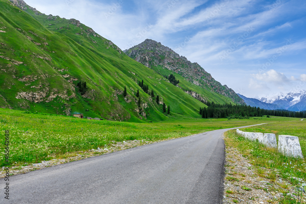 Asphalt road and green mountain natural landscape in Xinjiang,China.