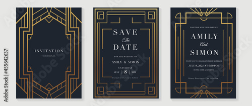 Art deco wedding invitation card vector. Luxury classic antique cards design for VIP invite, Gatsby invitation gold, Fancy party event, Save the date card and Thank you card. Vector illustration.