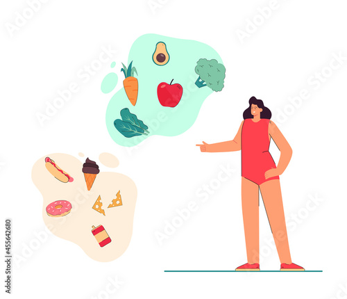 Cartoon woman choosing between right and wrong food. Flat vector illustration. Girl in underwear thinking about junk and healthy food. Diet, health, nutrition concept for banner design or landing page