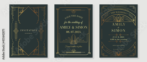 Art deco wedding invitation card vector. Luxury classic antique cards design for VIP invite, Gatsby invitation gold, Fancy party event, Save the date card and Thank you card. Vector illustration.
