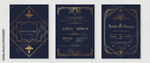 Art deco wedding invitation card vector. Luxury classic antique cards design for VIP invite, Gatsby invitation gold, Fancy party event, Save the date card and Thank you card. Vector illustration.