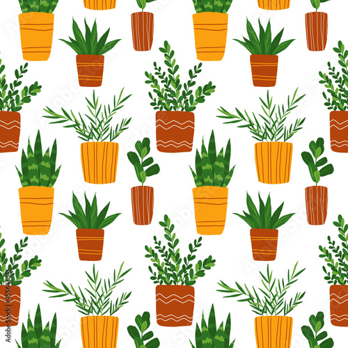 House plants on white background seamless pattern. Potted flowers repeat print. Hand drawn botanical indoor decor.