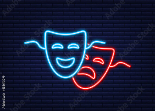 Comedy and tragedy theatrical masks. Neon style. Vector illustration.