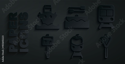 Set Train and railway, Road traffic signpost, Boat with oars and Cargo ship icon. Vector