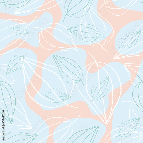 Hand drawn seamless pattern. Simple pastel pattern with leaves. Art line leafs. Vector