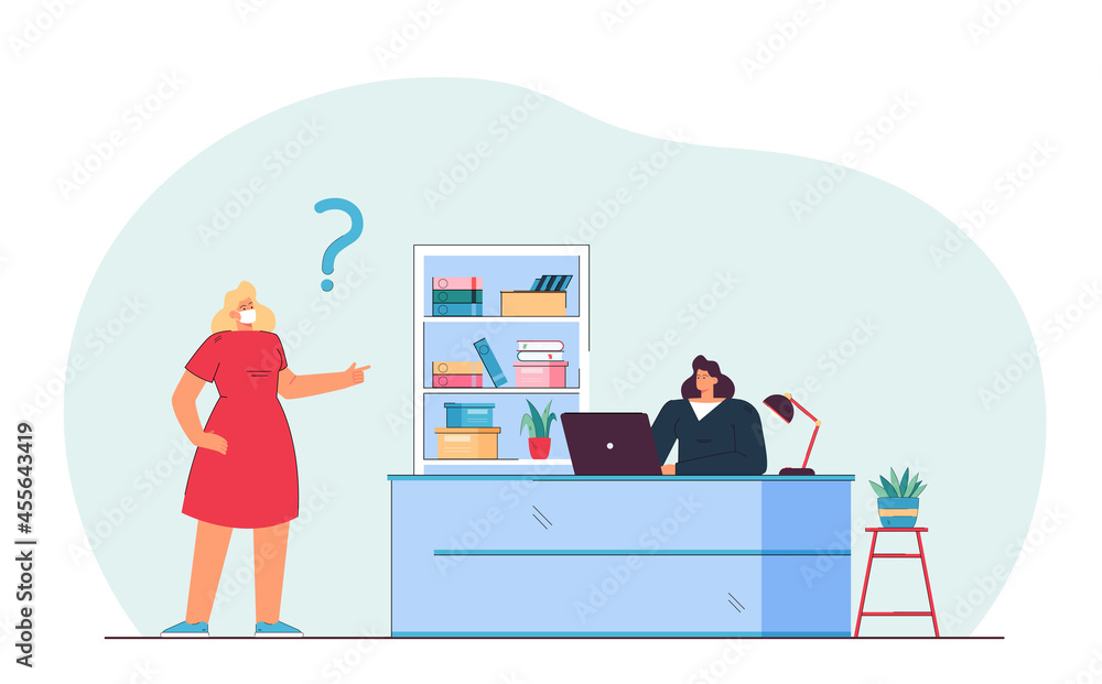 Cartoon woman in medical mask asking secretary, sitting at desk. Flat vector illustration. Girl asking question to employee in office. COVID19, precaution, protection, health concept for banner design Cartoon woman in medical mask asking secretary, sitting at desk. Flat vector illustration. Girl asking question to employee in office. COVID19, precaution, protection, health concept for banner design