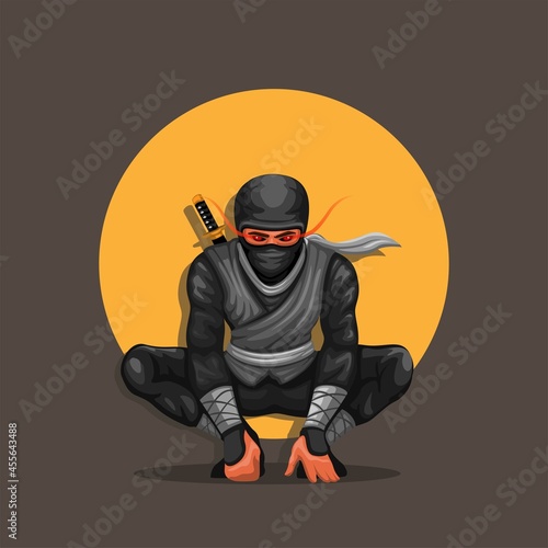 Ninja crouch pose character illustration vector