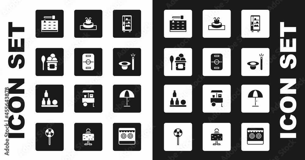 Set Vending machine, Hockey table, Ice cream bowl, Arcade game, Magic hat and wand, Fountain, Sun protective umbrella and Bottles ball icon. Vector Set Vending machine, Hockey table, Ice cream bowl, Arcade game, Magic hat and wand, Fountain, Sun protective umbrella and Bottles ball icon. Vector