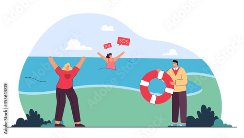 Kind people helping drowning woman. Flat vector illustration. Man and girl running to sea with life buoy, saving girl. Resort, rescue, swimming, safety, help concept for banner design or landing page