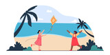 Children playing with colorful kite on seashore. Flat vector illustration. Girls having fun on beach, relaxing outdoors. Childhood, friendship, game, resort concept for banner design or landing page